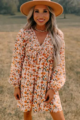 Beige Floral Smocked V Neck Bubble Sleeve Mini Dress