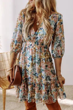 Blue Floral 3/4 Sleeve V Neck High Waist Ruffled Dress