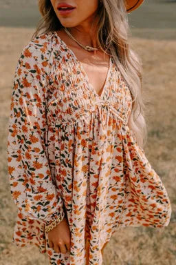 Beige Floral Smocked V Neck Bubble Sleeve Mini Dress