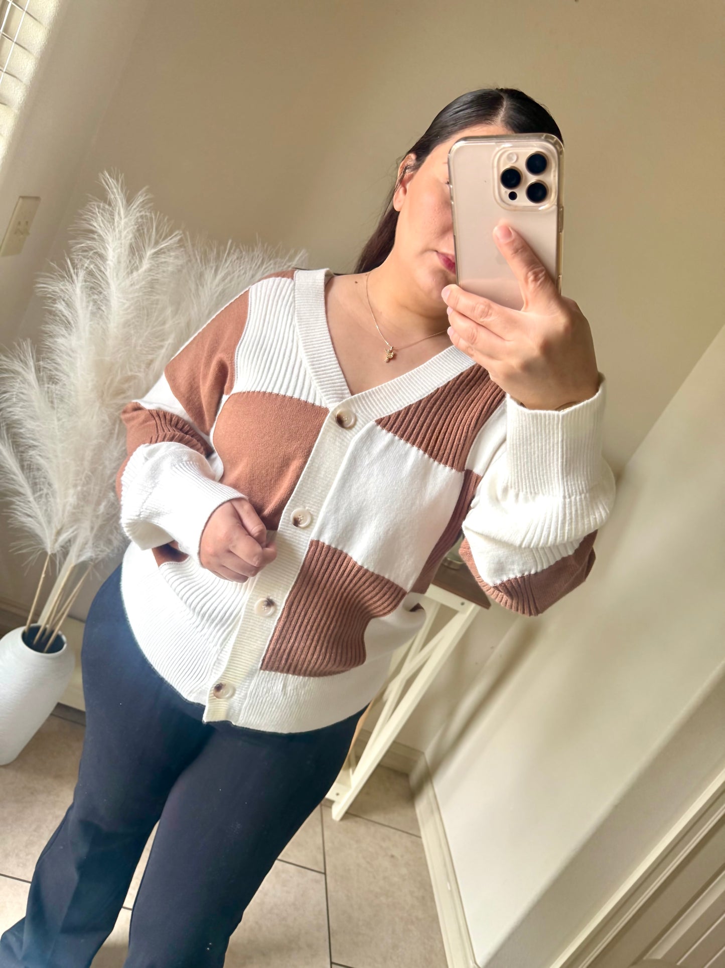 Brown Checkered Pattern Knit Cardigan