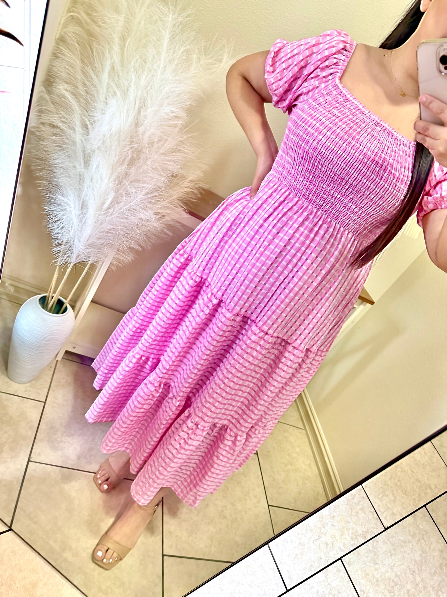 Pink Square Short Sleeve Dress
