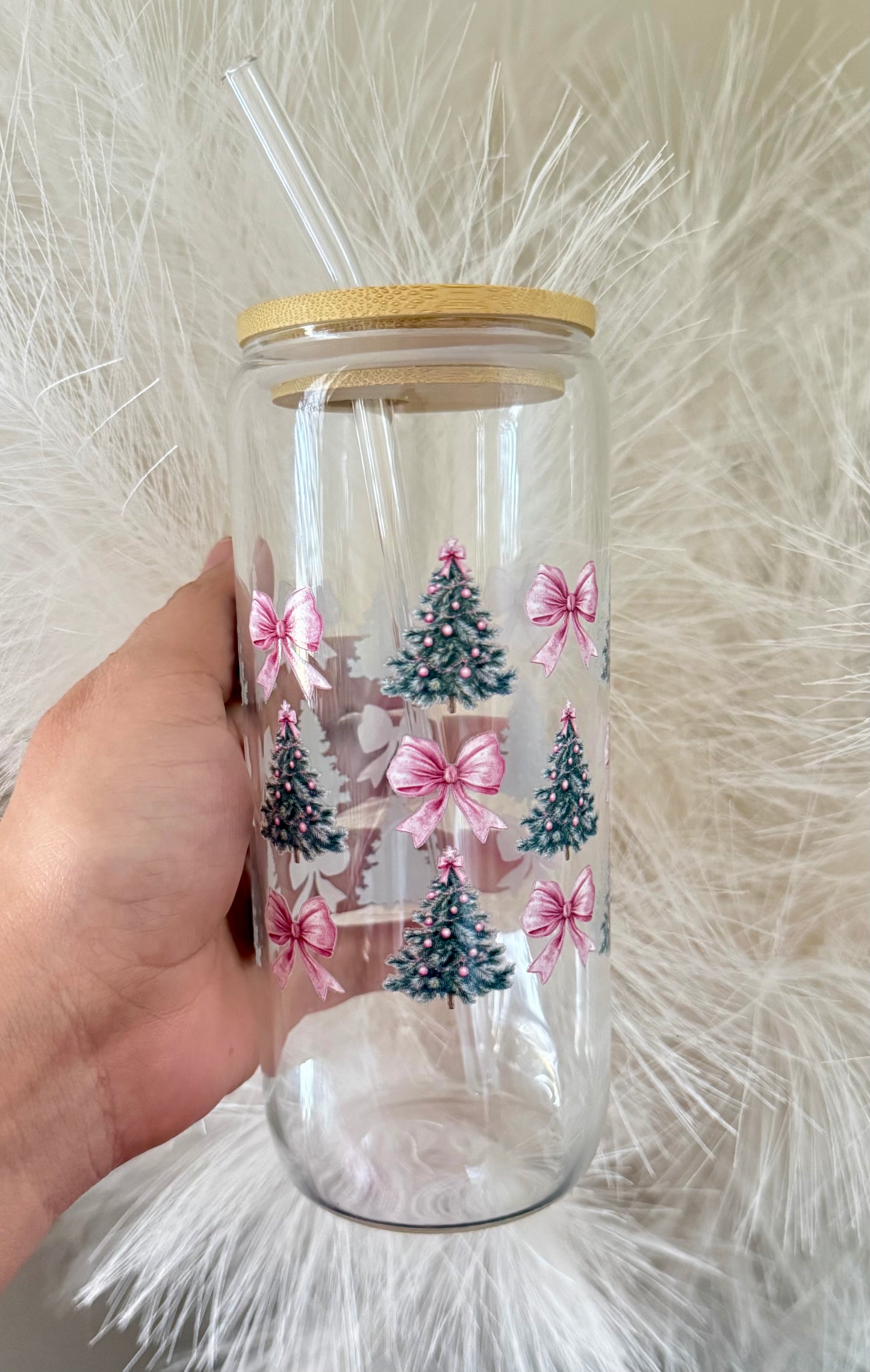 20 oz Pink Christmas Glass Cup