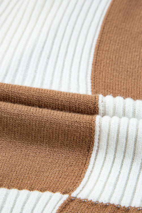 Brown Checkered Pattern Knit Cardigan