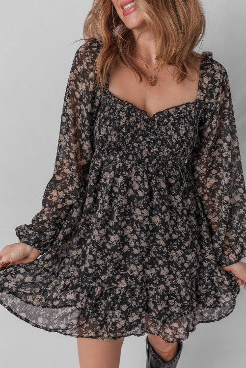 Black Frilly Shirred Mini Dress