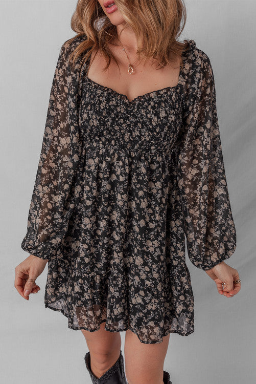 Black Frilly Shirred Mini Dress