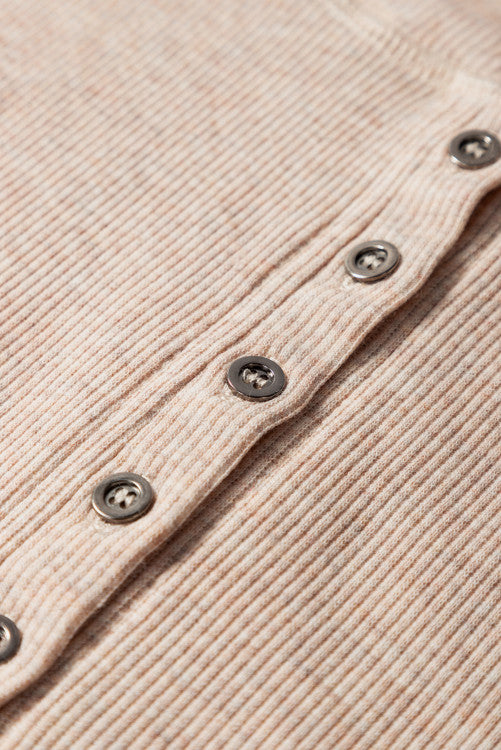 Oatmeal Short Sleeve Half Button Ribbed Top
