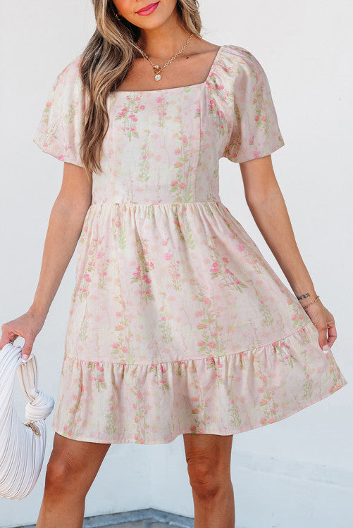 Pink Floral Puff Sleeves Mini Dress