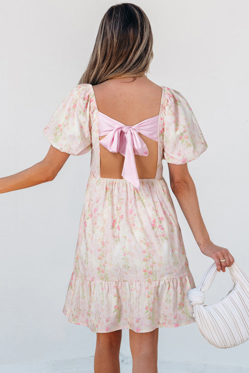 Pink Floral Puff Sleeves Mini Dress