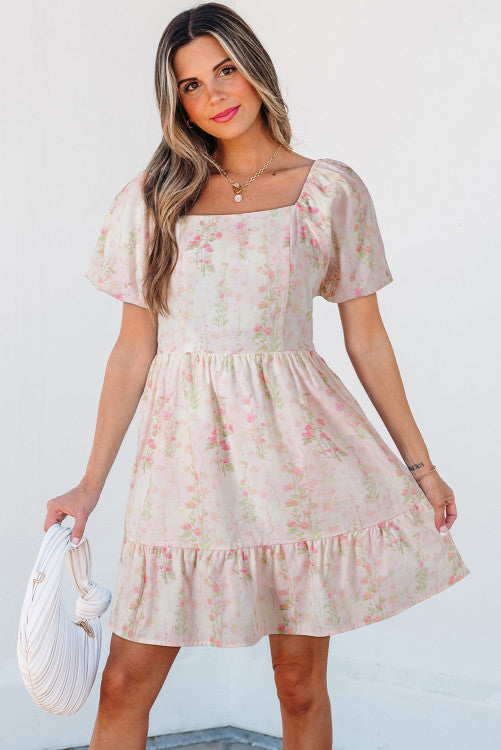 Pink Floral Puff Sleeves Mini Dress
