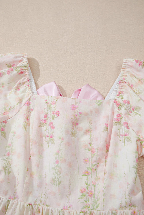 Pink Floral Puff Sleeves Mini Dress