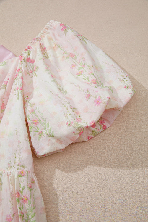 Pink Floral Puff Sleeves Mini Dress