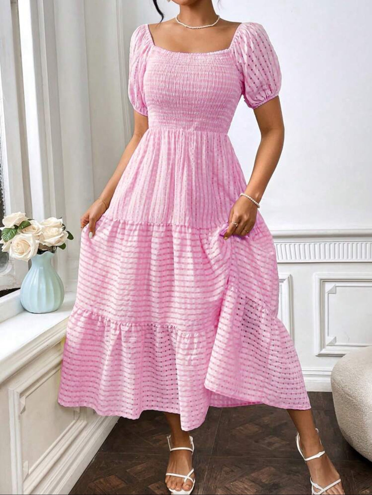 Flirla Square Neckline Puff Short Sleeve Dress