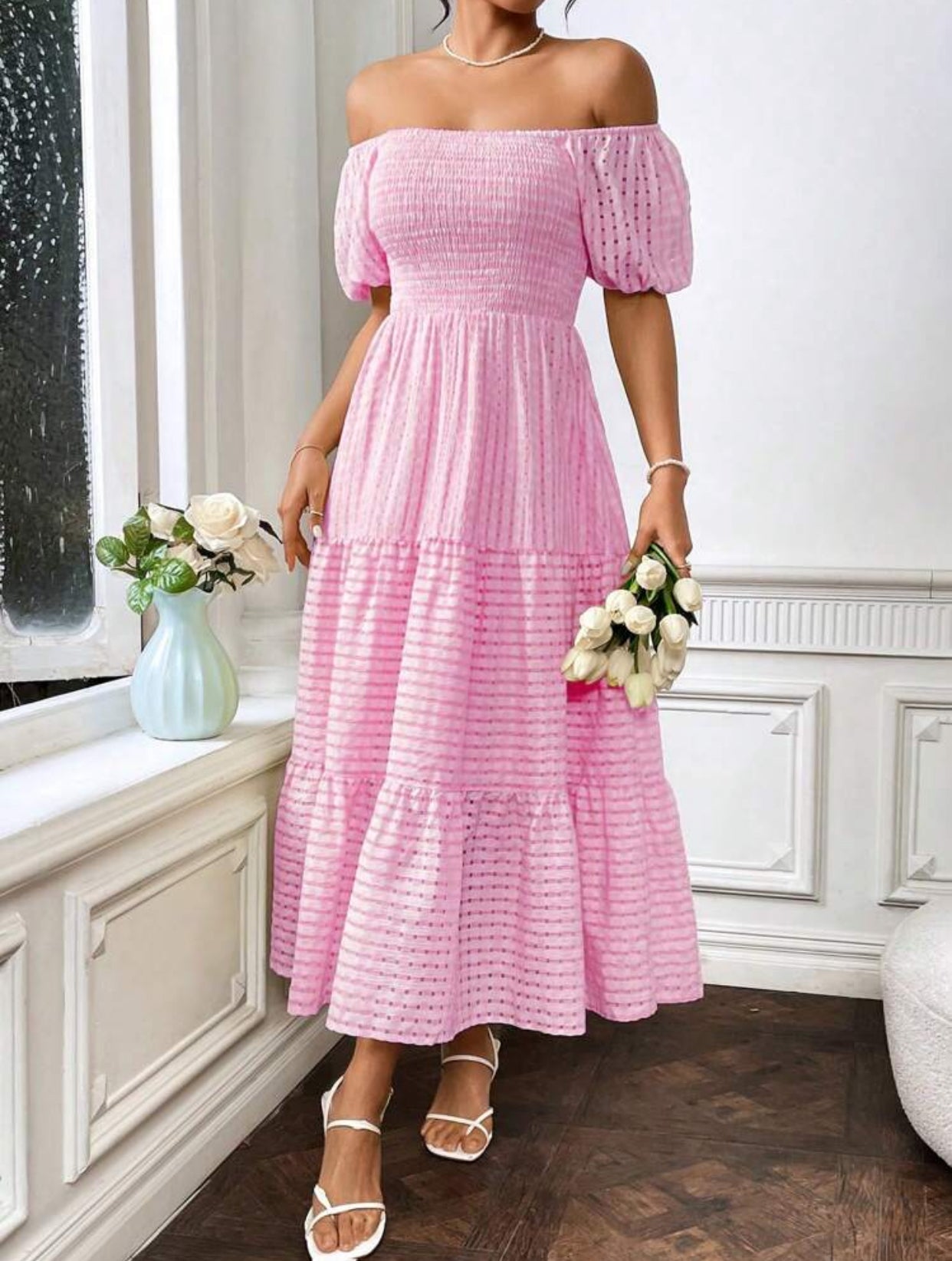 Flirla Square Neckline Puff Short Sleeve Dress