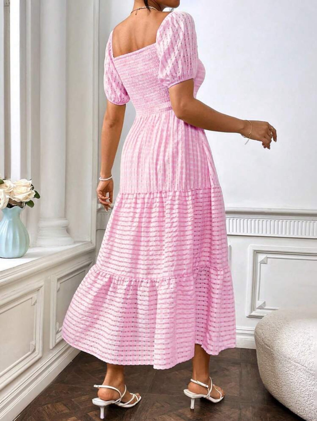 Flirla Square Neckline Puff Short Sleeve Dress