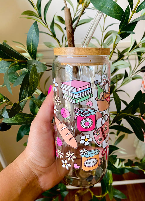 20 oz Books & Jam Glass Cup