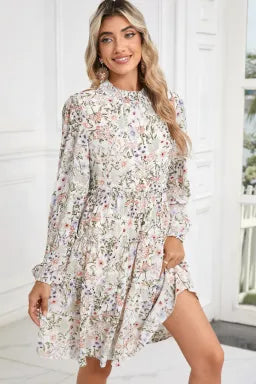 Green Floral Print Tiered Frilled Shirred Mock Neck Mini Dress