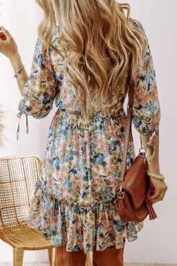 Blue Floral 3/4 Sleeve V Neck High Waist Ruffled Dress