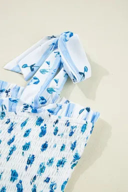 Sky Blue Floral Smocked  Straps Maxi Dress