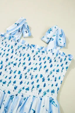 Sky Blue Floral Smocked  Straps Maxi Dress