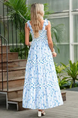 Sky Blue Floral Smocked  Straps Maxi Dress