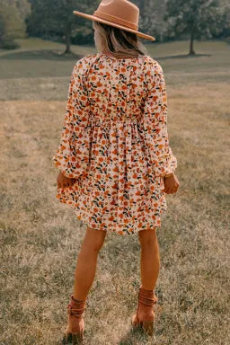 Beige Floral Smocked V Neck Bubble Sleeve Mini Dress