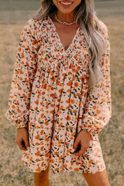 Beige Floral Smocked V Neck Bubble Sleeve Mini Dress