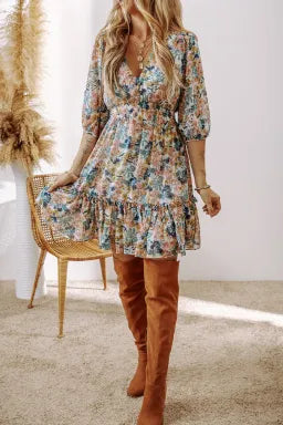 Blue Floral 3/4 Sleeve V Neck High Waist Ruffled Dress
