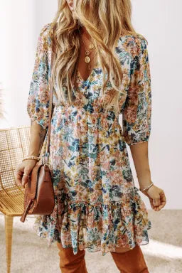 Blue Floral 3/4 Sleeve V Neck High Waist Ruffled Dress
